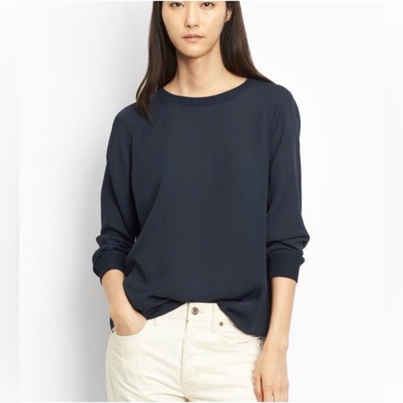 Vince Tops - Vince Blue Silk Ribbed Trim Blouse Size L